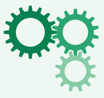 Three meshing gears turning, representing connected business systems working together automatically